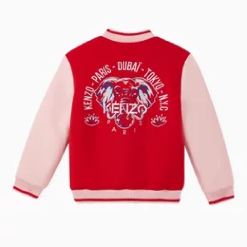 Kenzo Kids Red and Pink Embroidered Elephant Varsity Jacket